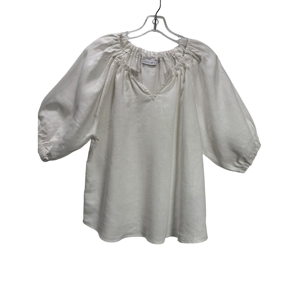 FOIL Linen Peasant Blouse 10 White EUC Puff Sleeve V-Neck Boho Top summer classy